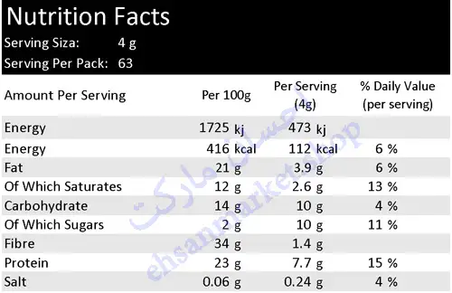 جدول ارزش غذایی پودر کاکائو کدبری احسان مارکت